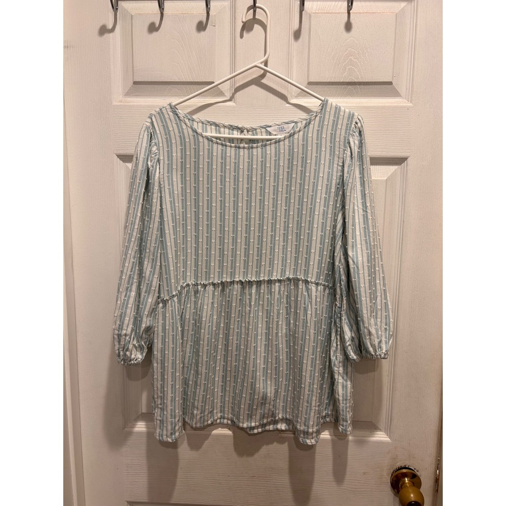 Time and Tru Womens Blue White Striped Swiss Dot Peplum Blouse Large 12-14 NWT